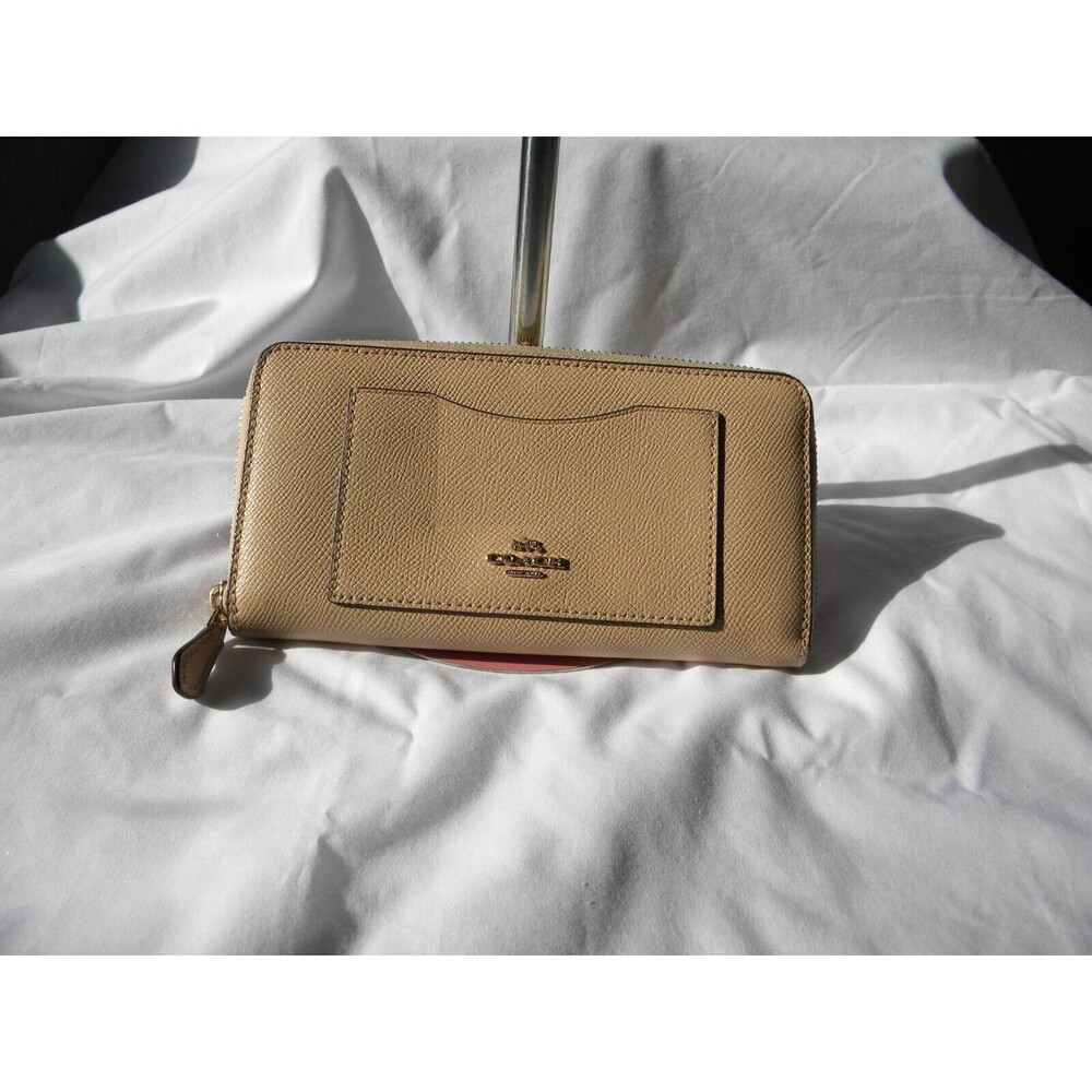 Coach Tan/Beige F54007 Cross grain Accordion Zip Around Leather Wallet